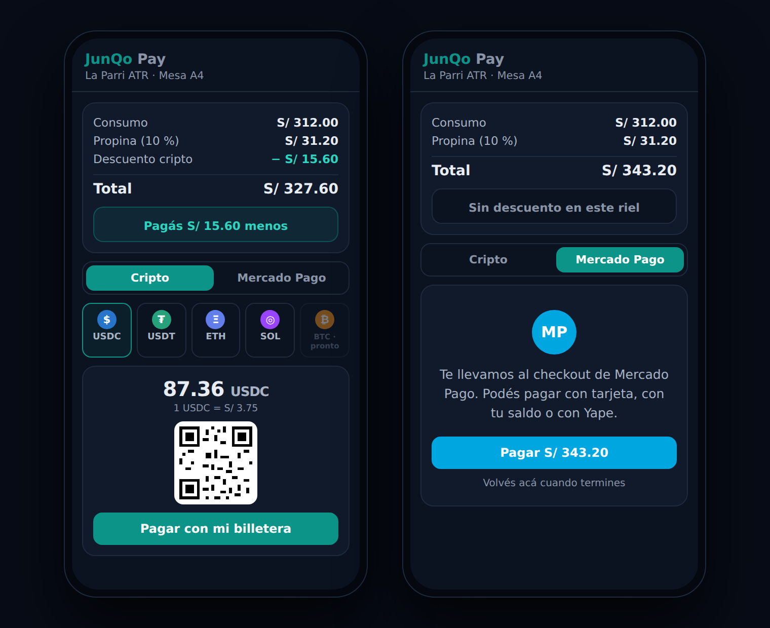 La pantalla de pago en el celular del cliente: pagando en cripto y pagando con Mercado Pago