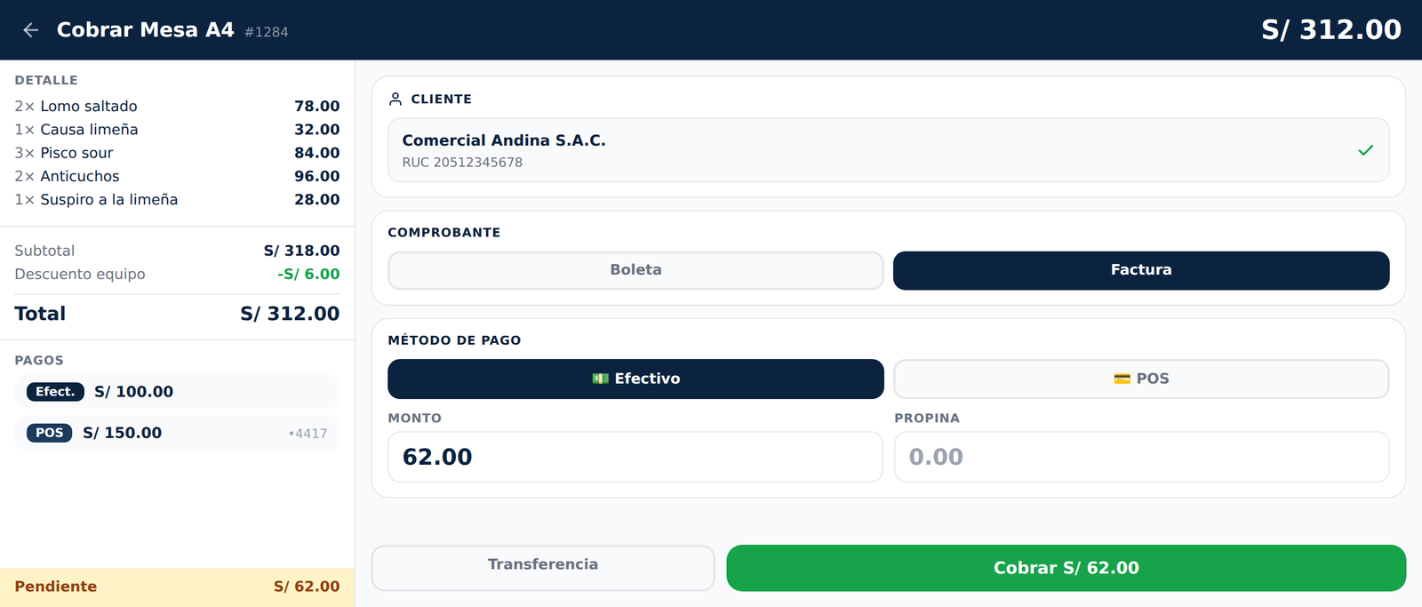 Pantalla de cobro del POS con el detalle, los pagos y el comprobante