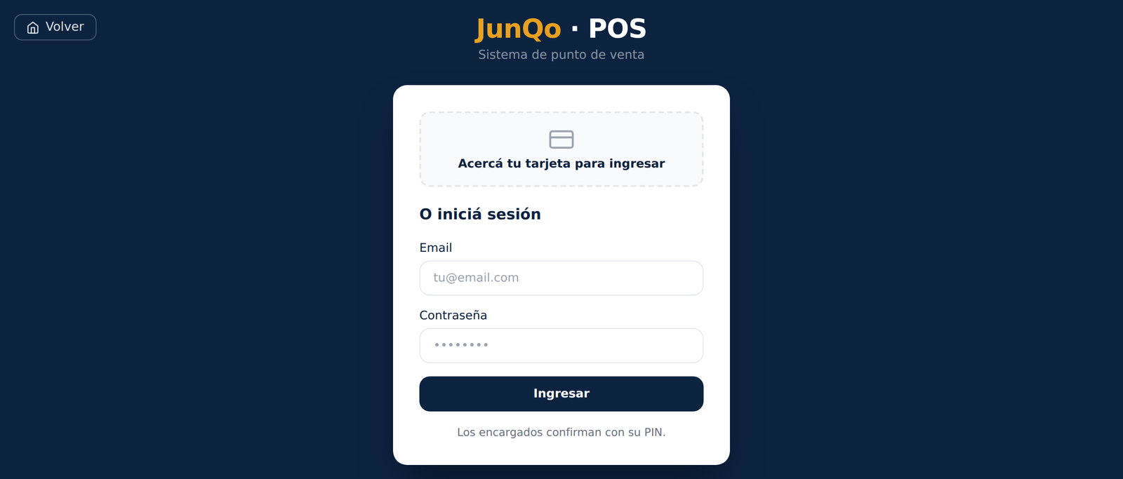Pantalla de ingreso del POS con lector de tarjeta